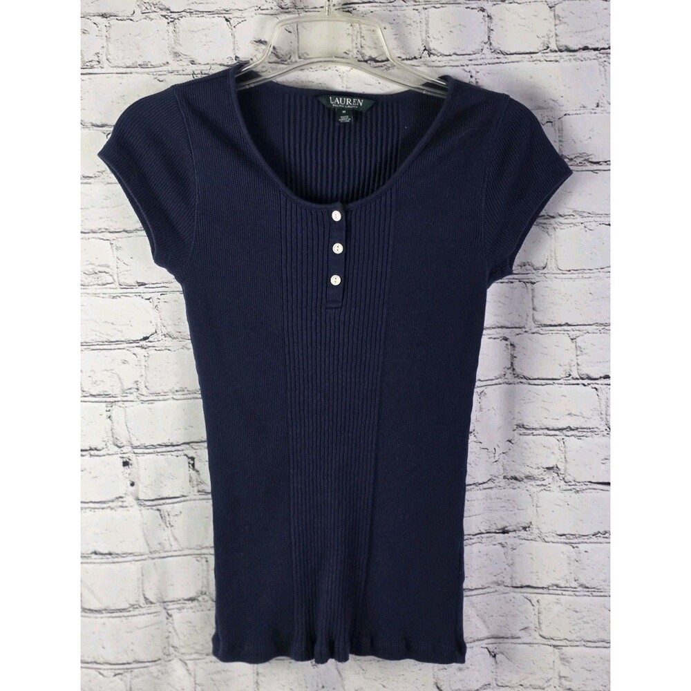 Lauren Ralph Lauren Navy Ribbed Knit Top Size M 100% Cotton